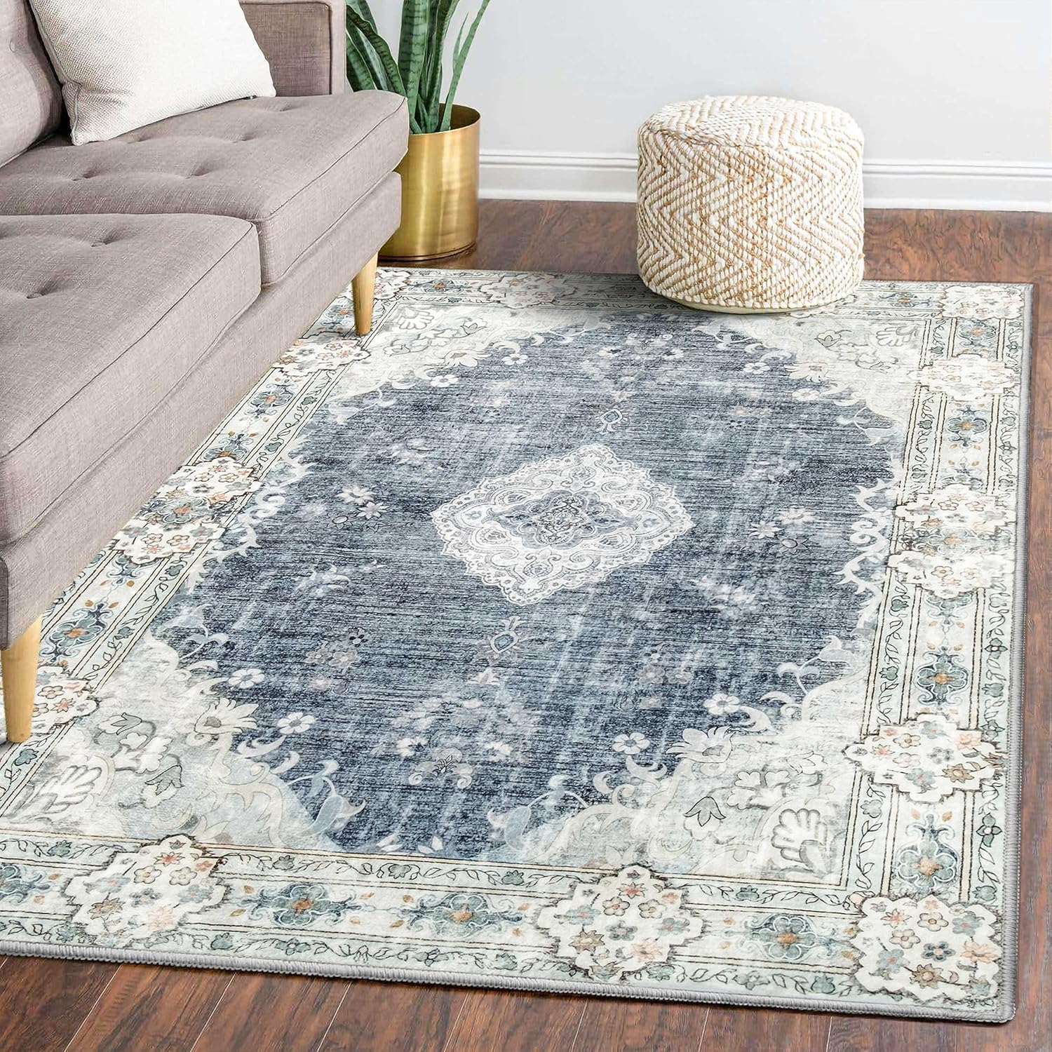 Mujoo – Alfombras de 5 x 7 pies, color azul y gris, lavables a máquina, bohemia, para sala de estar, para dormitorio, lavandería, cocina,