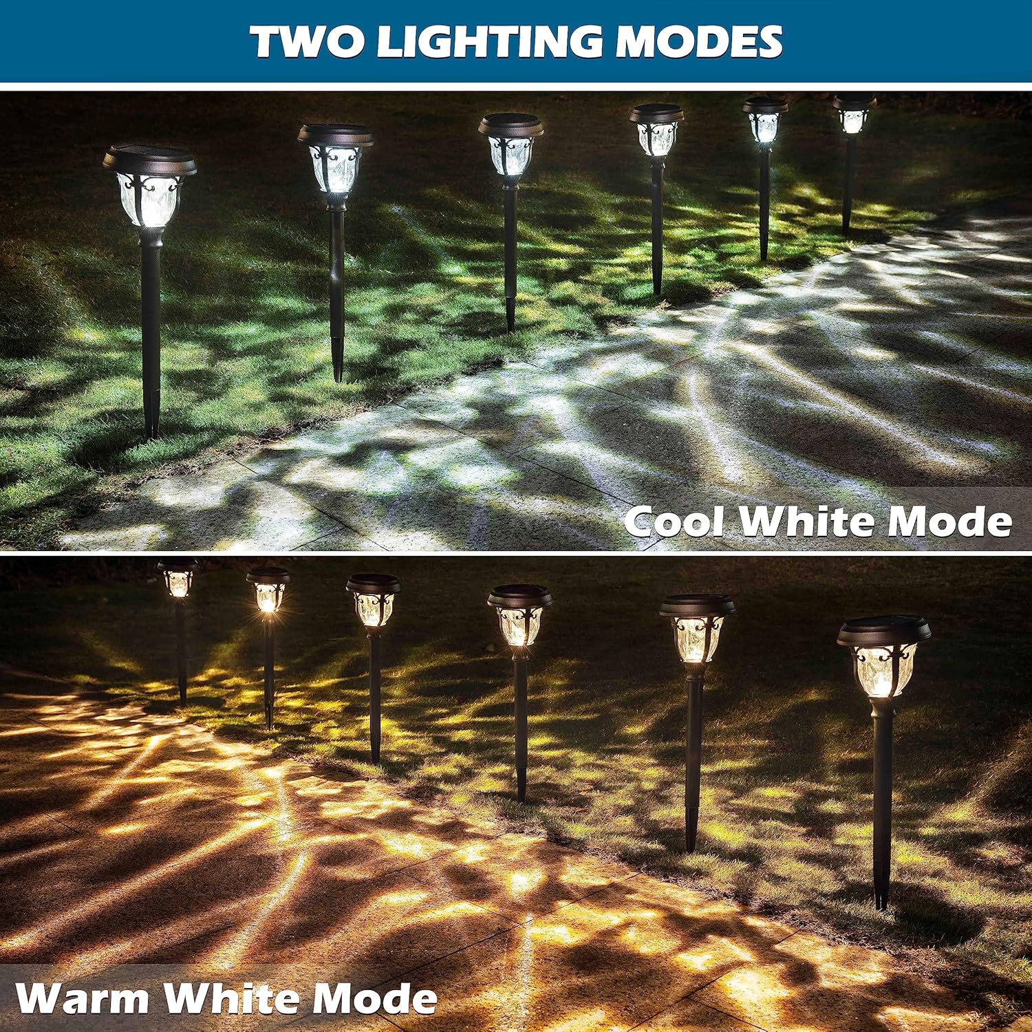 LeiDrail Luces solares para caminos al aire libre, paquete de 6 luces LED de vidrio blanco cálido y blanco frío de acero inoxidable con energía