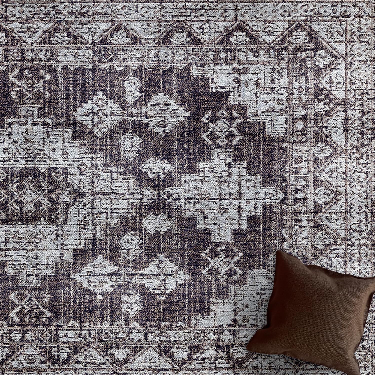 HomeNette Alfombras de área lavables, de 3 x 5, color negro, con parte trasera antideslizante, resistente a las manchas, plegable, bohemia lavable a