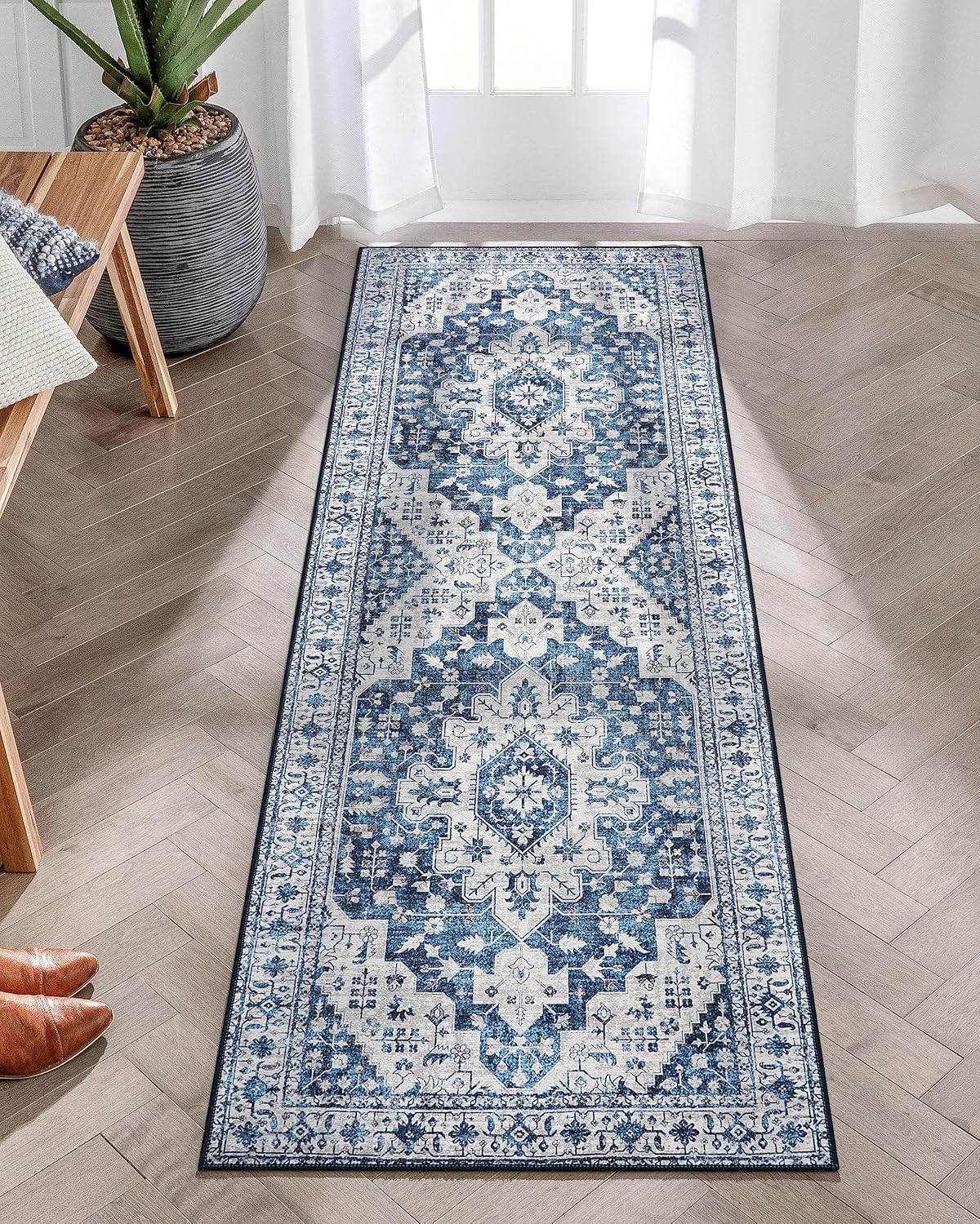 Moynesa Alfombra de pasillo lavable ultrafina  2 x 6 pulgadas, color azul, alfombra lavable para cocina, baño, alfombra de pasillo con estampado