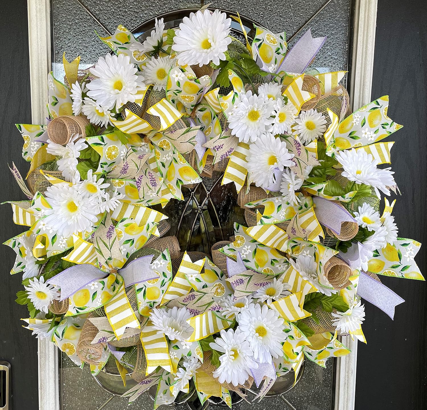 XL Lavender Lemon & Daisy Summer & Spring Deco Mesh Front Door Wreath, Porch Patio Home Decor, Handmade, Unique Gift Idea for Her