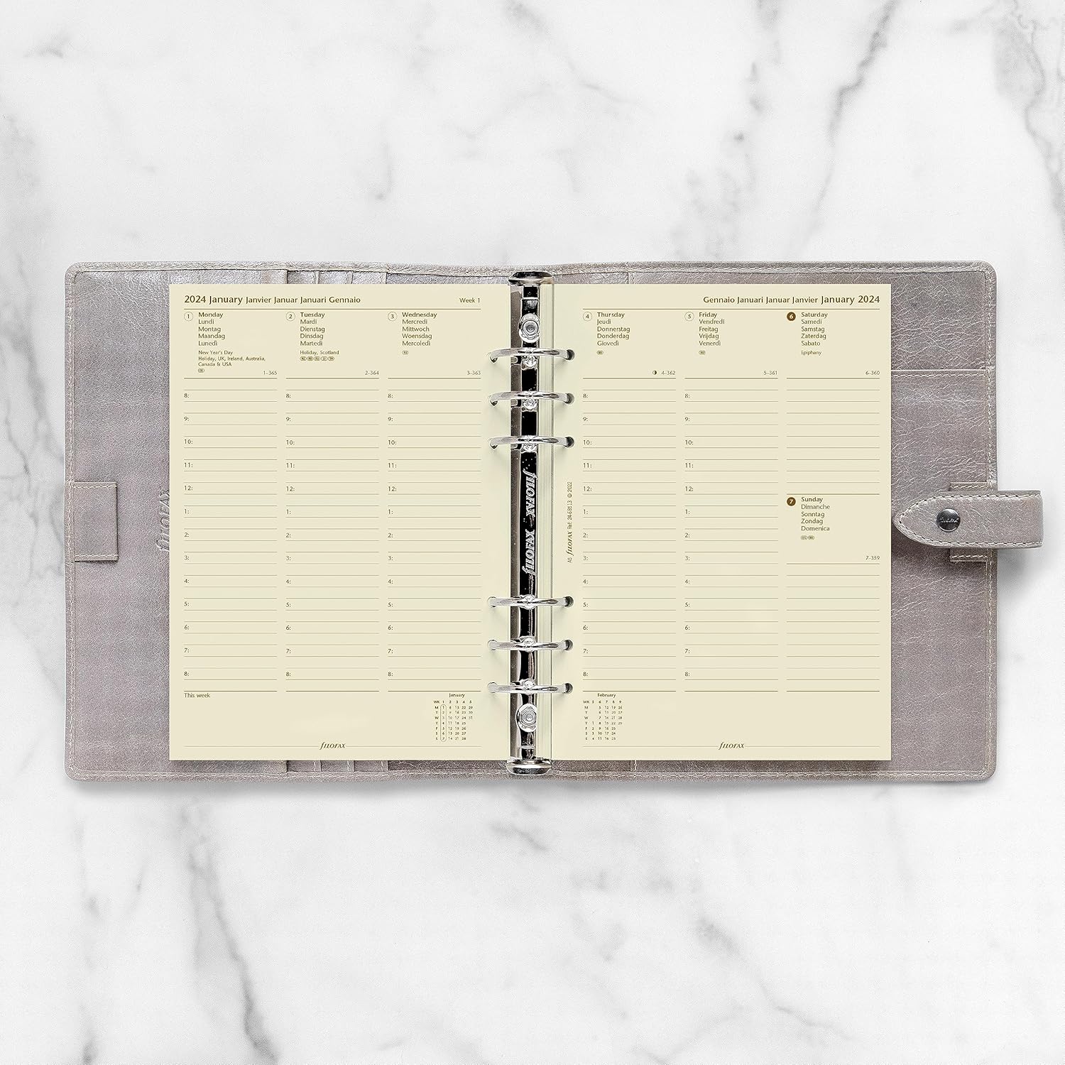 Filofax Recambio de diario de calendario, tamaño A5, vista semanal con citas, papel crema de algodón, multilingüe cinco idiomas, 2024 (C68513-24)