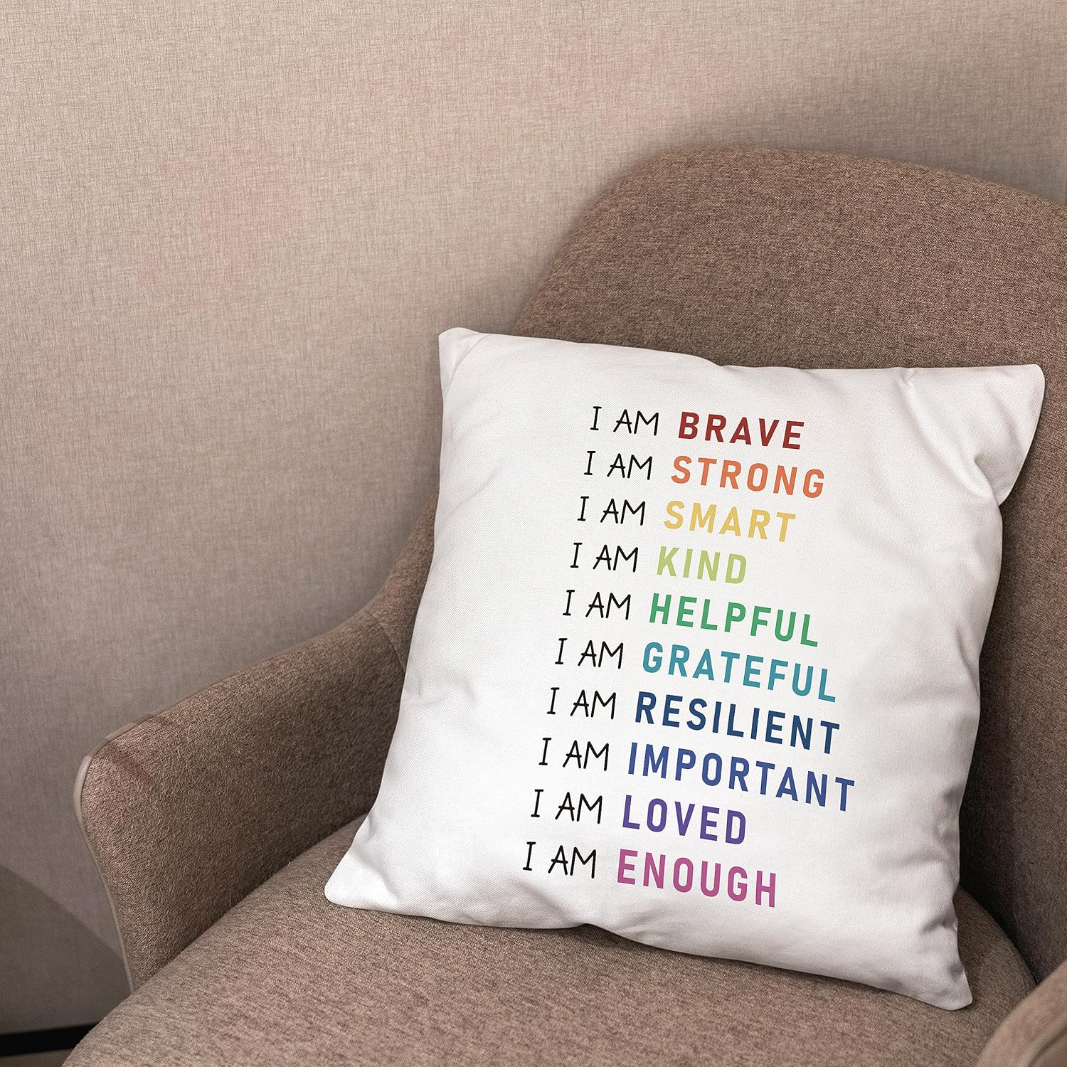Funda de almohada de afirmaciones positivas de arcoíris de 18 x 18 pulgadas, funda de almohada decorativa inspiradora con texto en inglés “I am