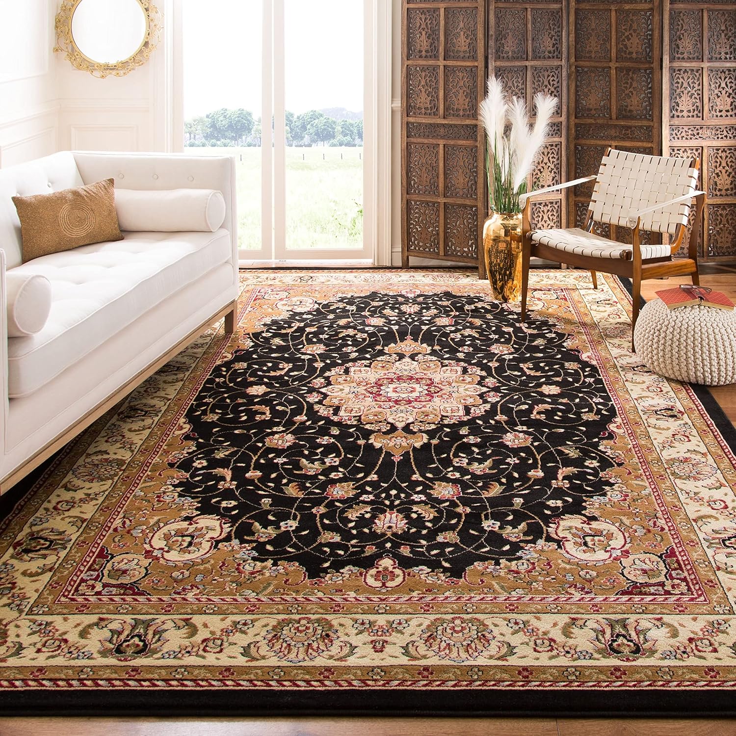 Safavieh colección Lyndhurst LNH329A, tapete tradicional alargado Medallion color negro y marfil, de 2’3″ x 12′., Polipropileno, NegroMarfil