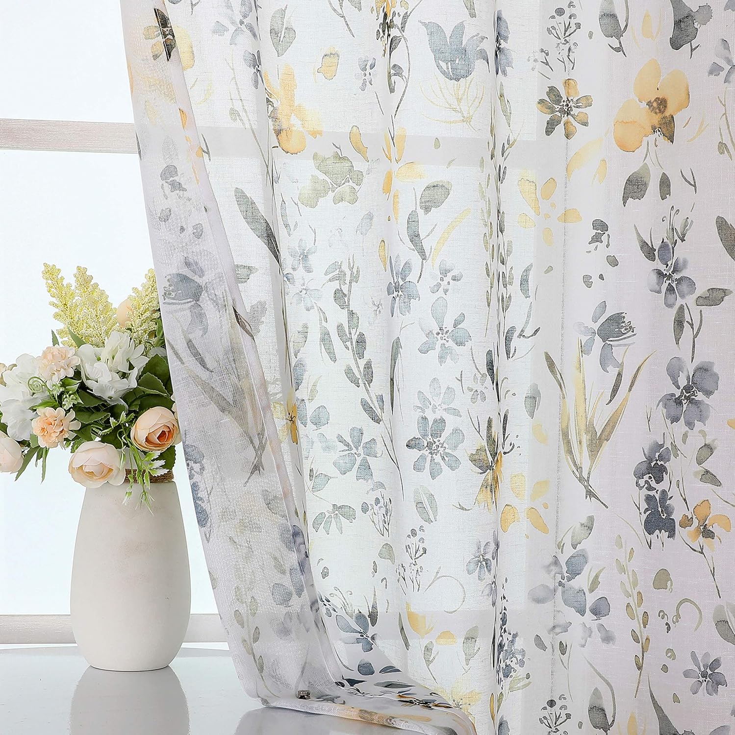 Fragrantex Cortinas traslúcidas de acuarela floral amarillo y gris, 84 pulgadas de largo para sala de estar, estampado botánico, tela texturizada de