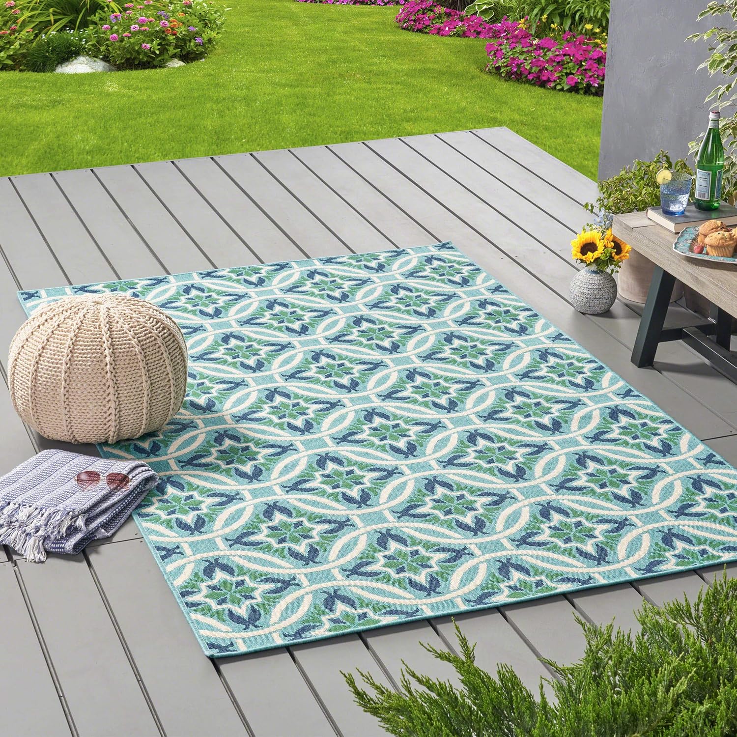 Christopher Knight Home Alger – Alfombra geométrica para exteriores de 5 x 8 pies, azulverde