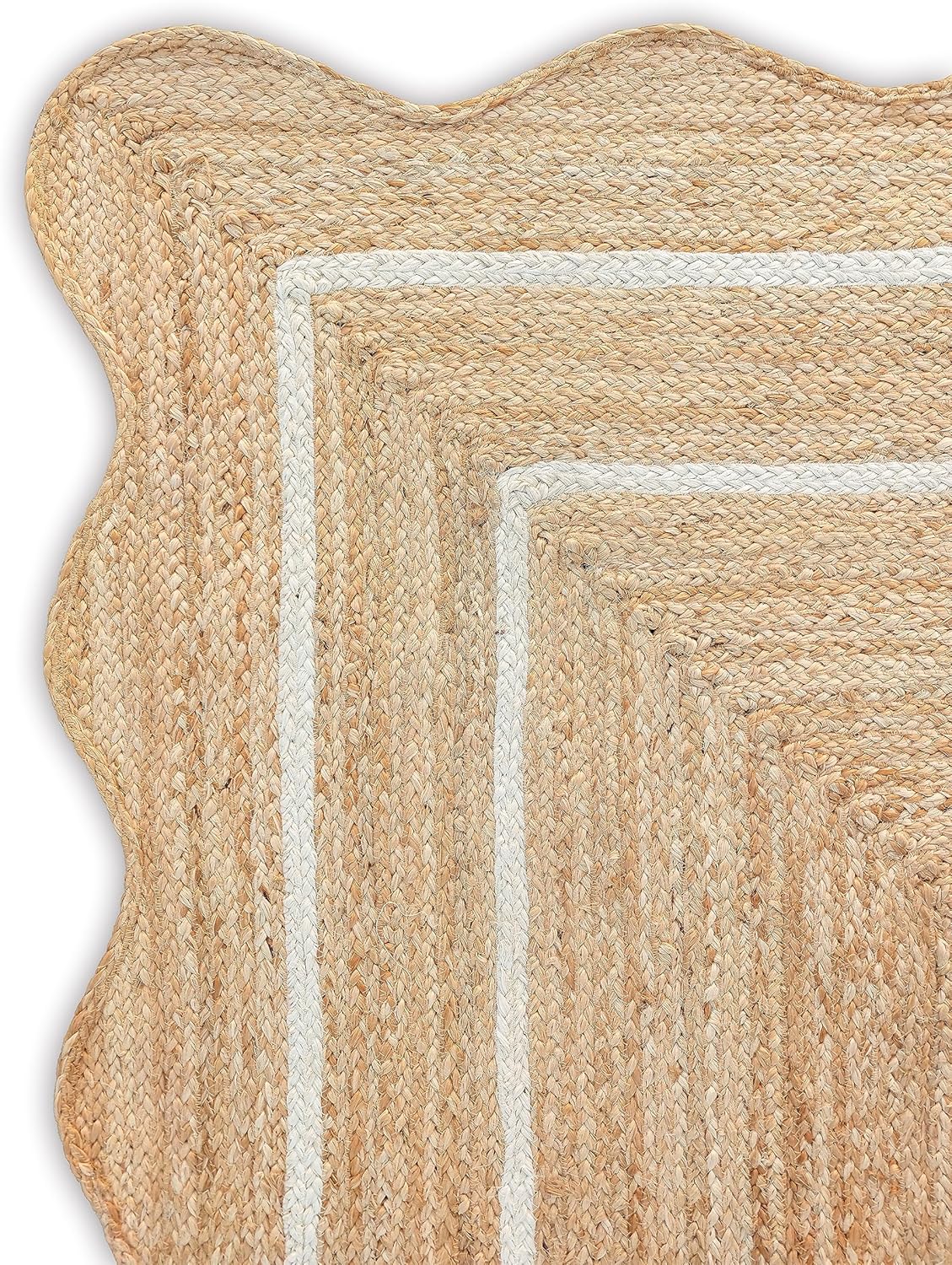 Alfombra ondulada de yute natural festoneada, alfombra de yute bohemio para entrada, alfombra de pasillo de granja, alfombra de vieira color blanco