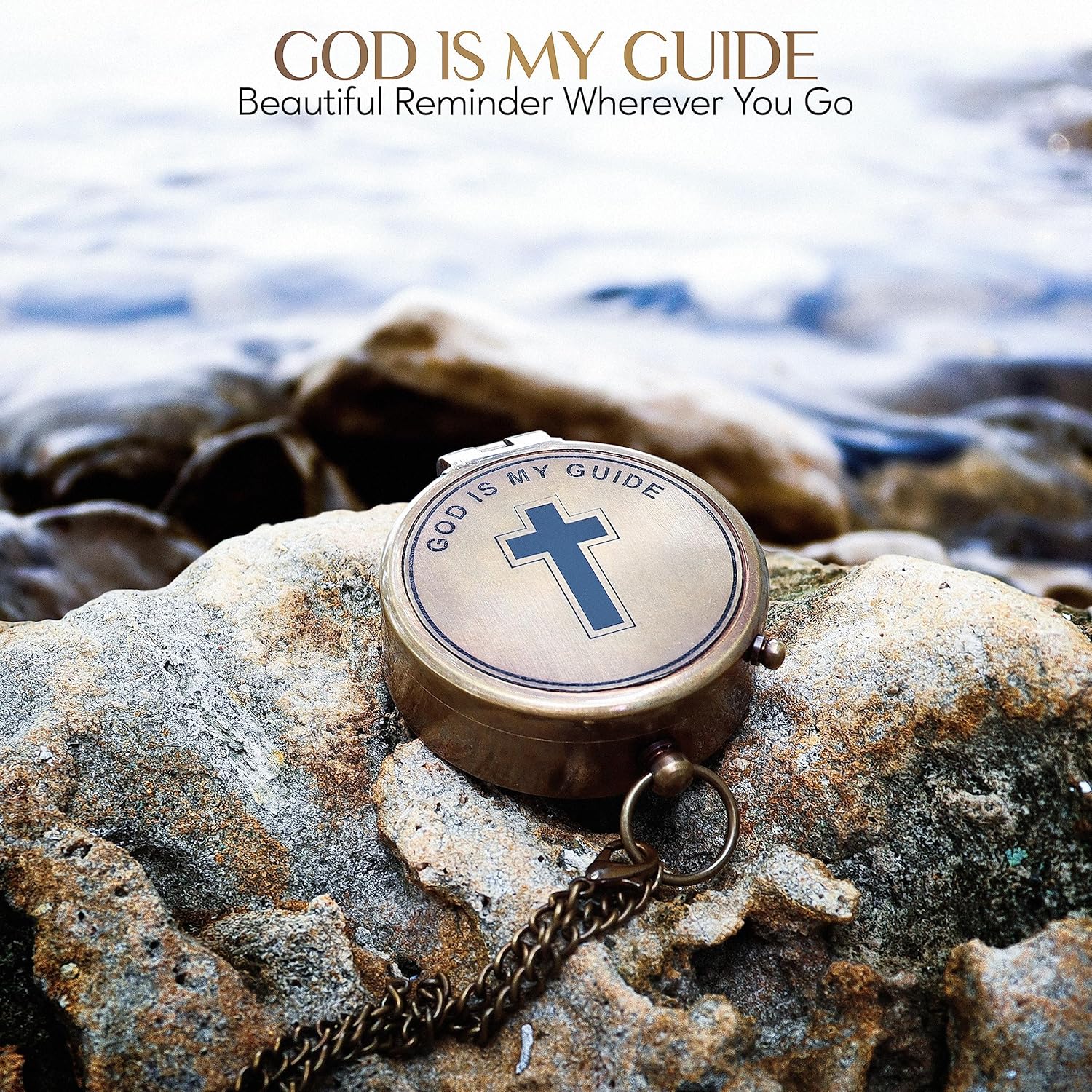 God is My Guide Brújula de latón con caja de exhibición, brújula de oración grabada, regalo religioso para hombres y mujeres, bautismo,