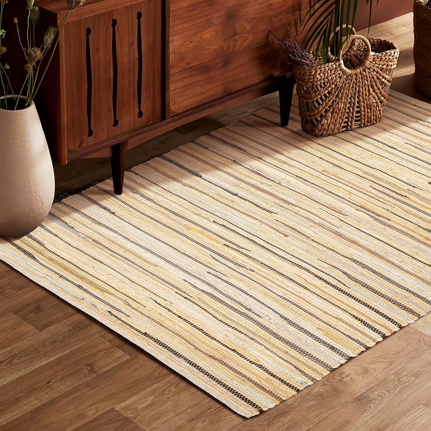 Alfombra de trapo 100% algodón de 3 x 5 pies (36 x 60 pulgadas), alfombra Chindi multicolor, tejida a mano y reversible para sala de estar, cocina,