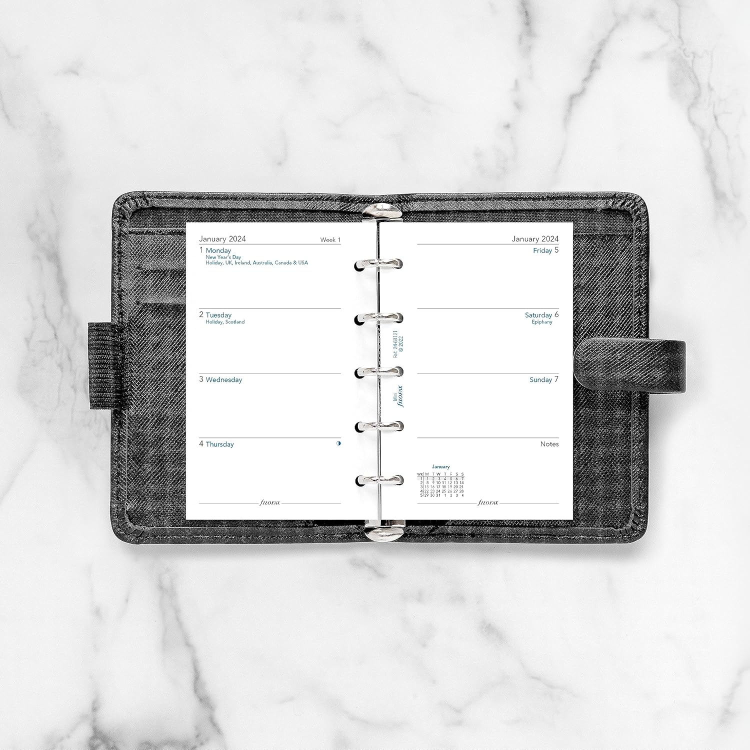 Filofax Recambio de diario para calendario, tamaño mini, sección de notas de semana a vista, papel blanco, sin rayas, inglés, 2024 (C68121-24)