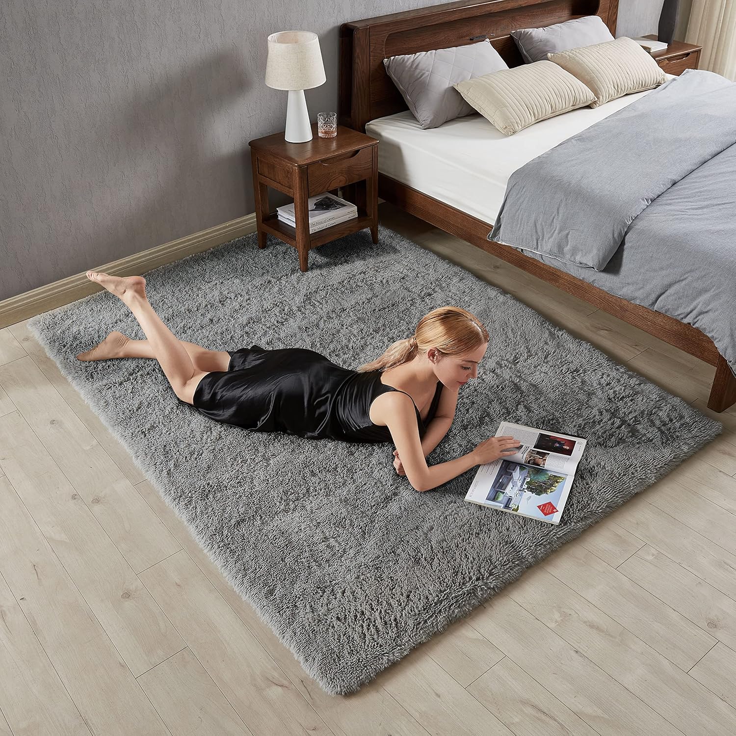Alfombra ultra suave acolchada para área, de 5×7 pies, de color gris claro, alfombras de felpa, peludas, antideslizantes,de piel sintética, para
