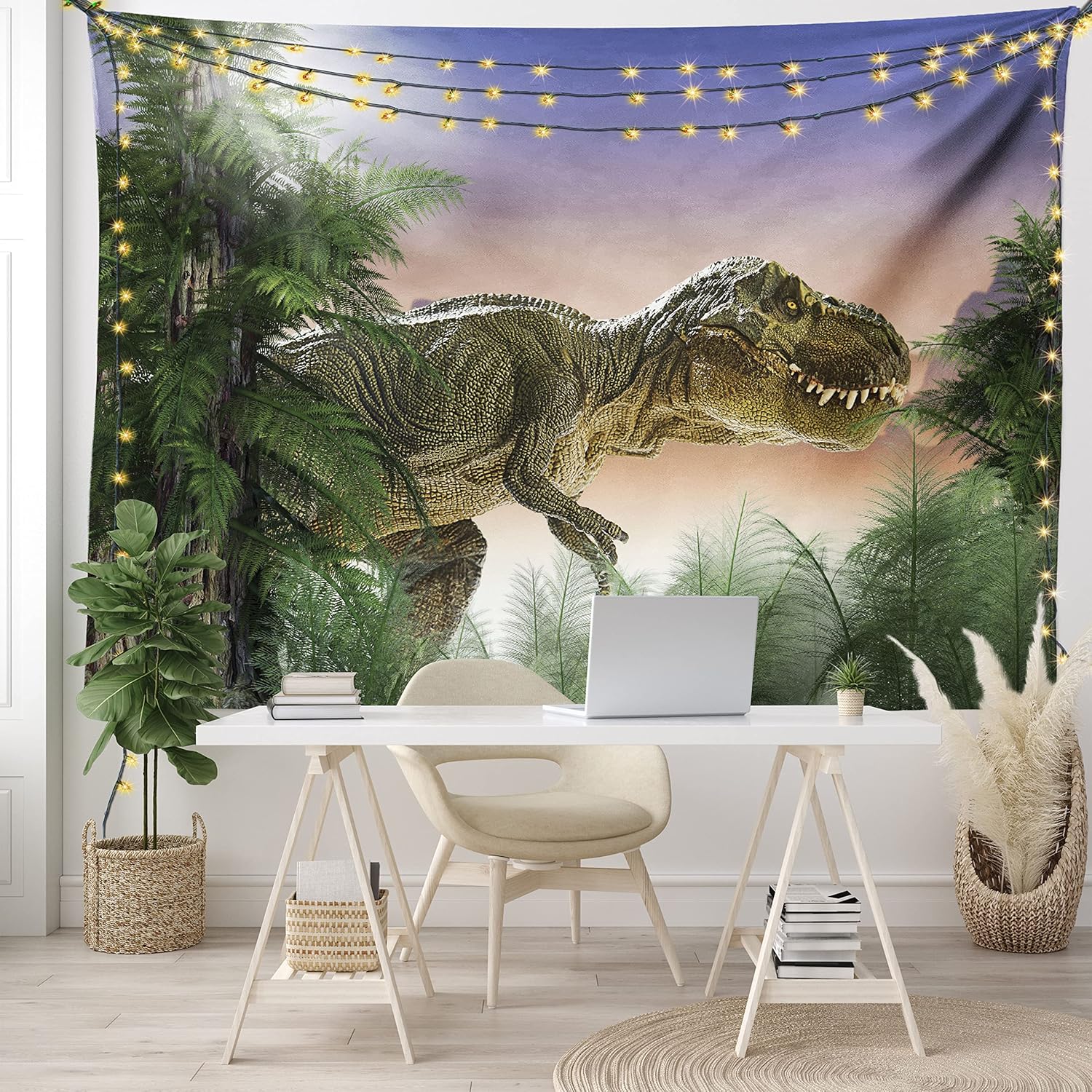 Ambesonne Tapiz jurásico, dinosaurio en la selva, bosque, naturaleza, bosque, violencia depredadora aterradora, colgante de pared ancho para