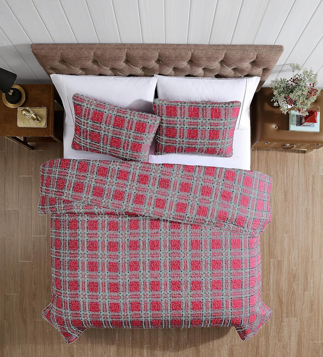 Beatrice Home Fashions Juego de ropa de cama ligero tamaño King, diseño a cuadros, rojo, negro, verde
