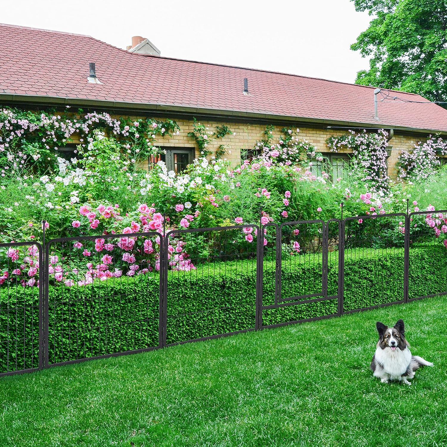 TMEE Valla de jardín 16 paneles de 36 x 32 pulgadas, valla decorativa de metal para jardín con 2 puertas, barrera de animales para paisaje al aire