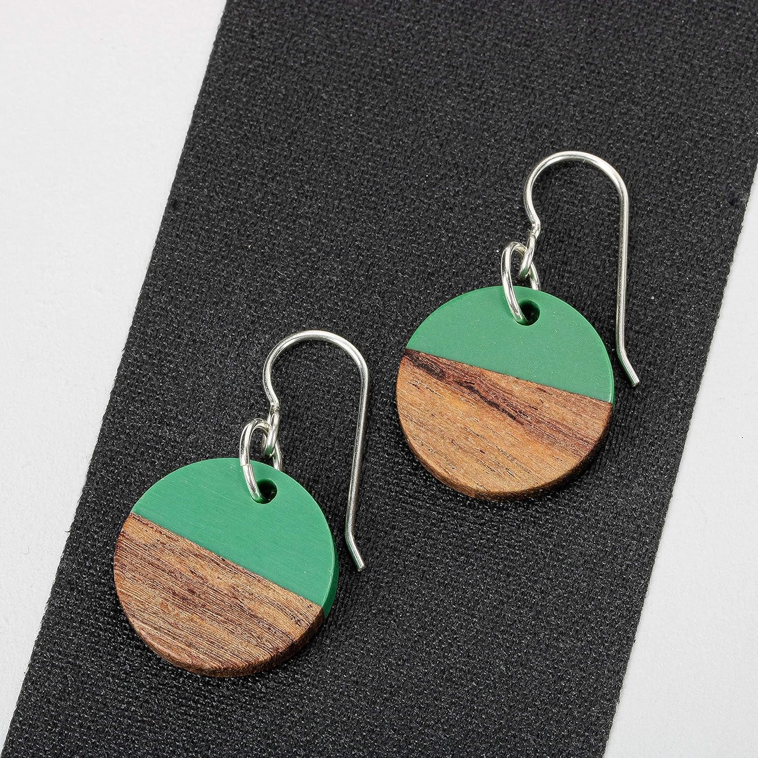 Split Resin and Wood Circle Dangle Drop Earrings  Sterling Silver Bohemian Earrings  Multiple Colors Available (Green)