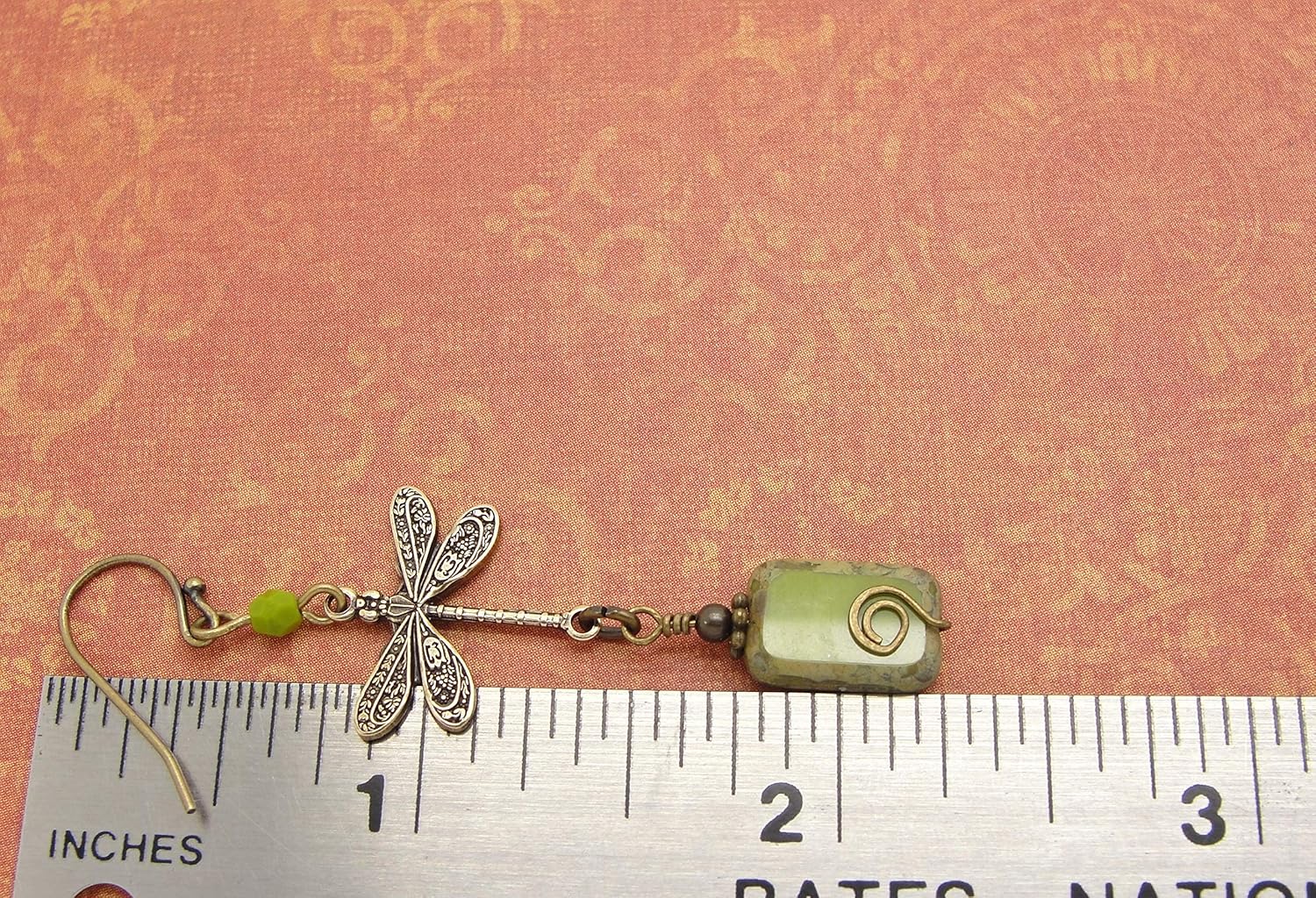 Boho Dragonfly Earrings in Olive Green and Brass