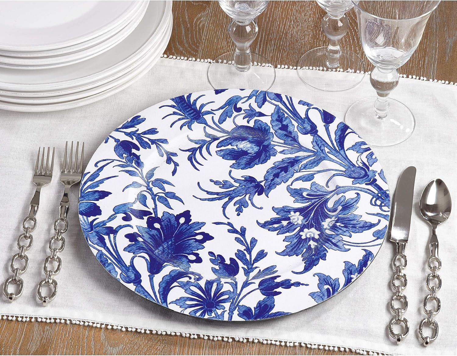 Misc Plato de carga decorativo con estampado floral de estilo francés, juego de 4 piezas de plástico tradicionales azules
