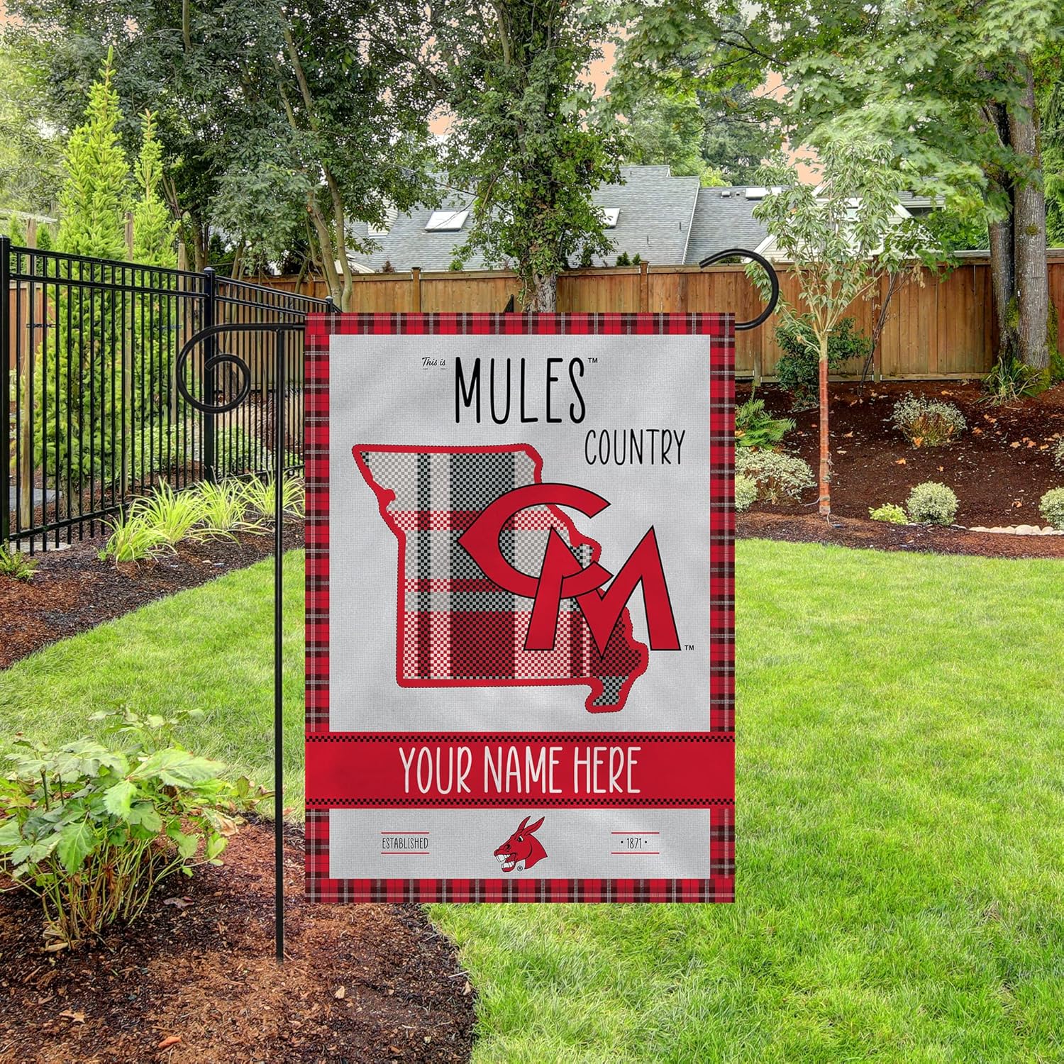 Rico Industries NCAA Central Missouri Mules This is Mules Country – Bandera de jardín personalizada con diseño a cuadros
