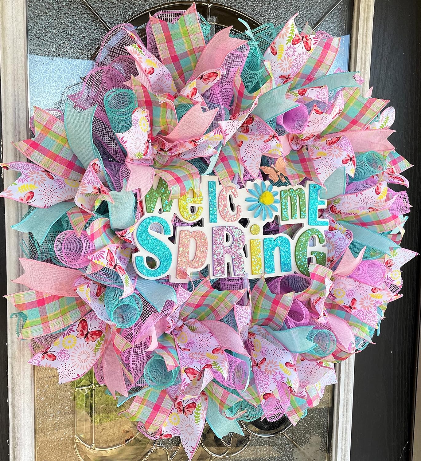 Welcome Spring Butterfly! Deco Mesh Front Door Wreath, Indoor Outdoor, Farmhouse Country Traditional Decor