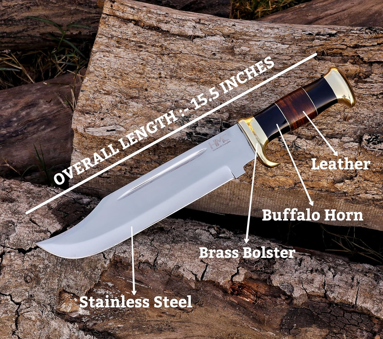 HMC – Cuchillo Bowie Dundee de cocodrilo grande hecho a mano de 15 pulgadas con funda de cuero, cuchillo Bowie de acero inoxidable D2 pulido espejo