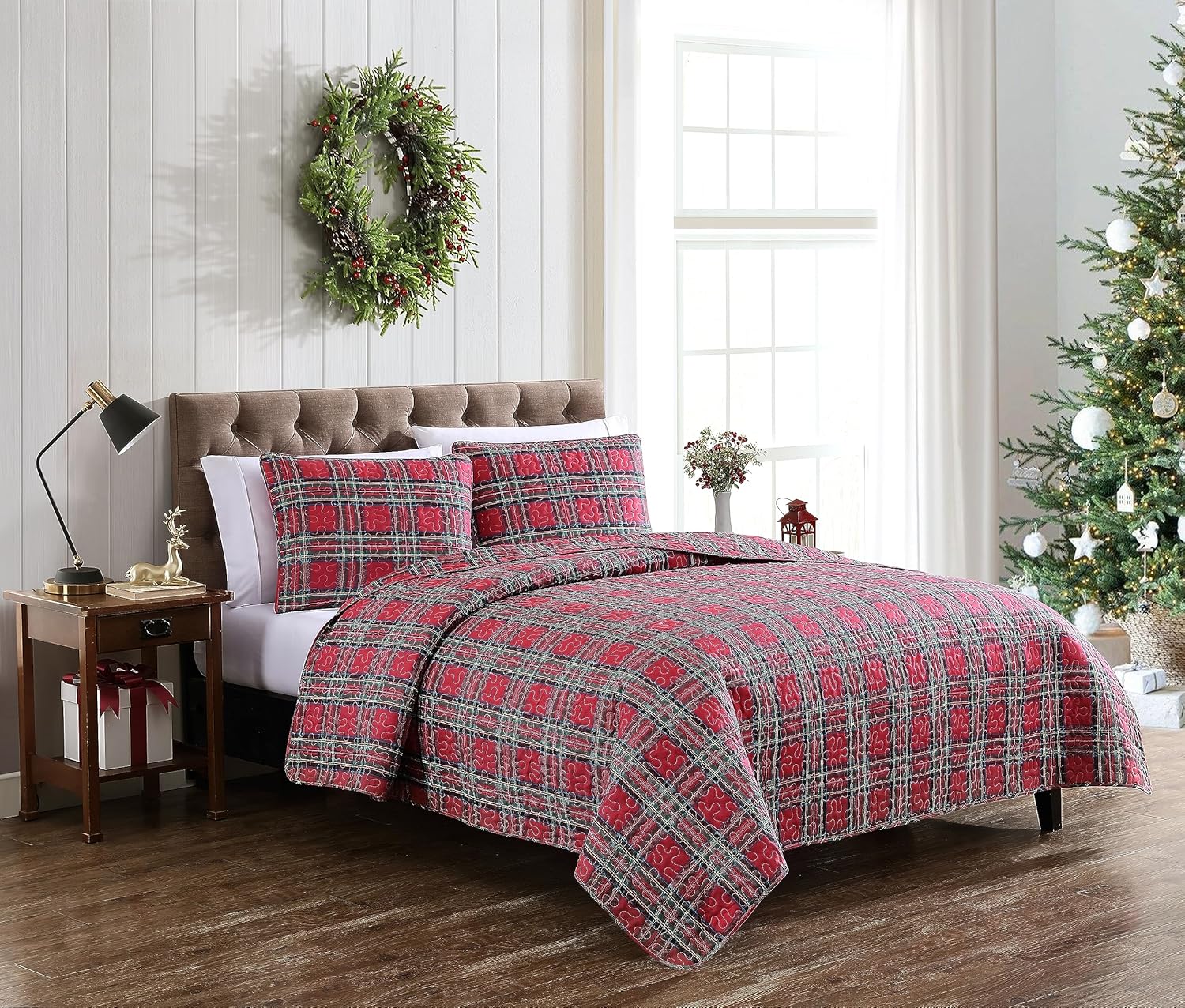 Beatrice Home Fashions Juego de ropa de cama ligero tamaño King, diseño a cuadros, rojo, negro, verde