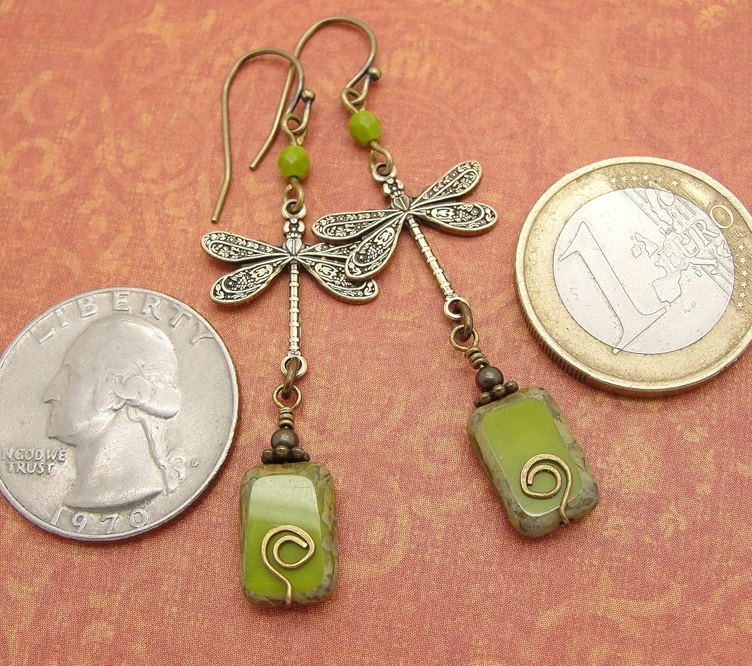 Boho Dragonfly Earrings in Olive Green and Brass