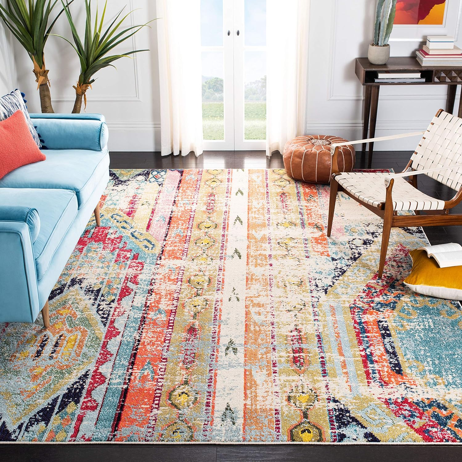 SAFAVIEH Madison Collection – Alfombra decorativa de 4 x 6 pies, color azul y naranja, diseño tribal bohemio chic envejecido, no desprende pelusa y
