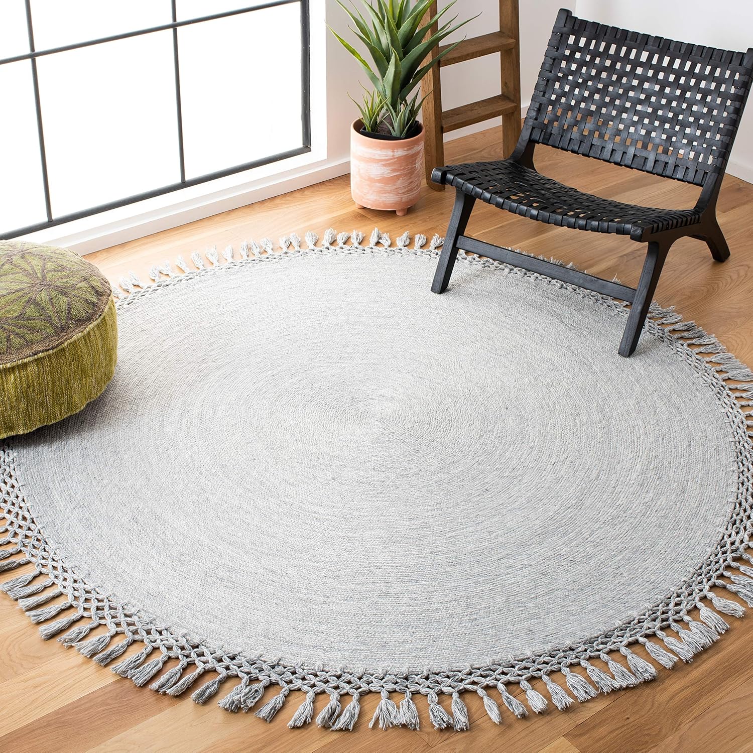 SAFAVIEH Sahara Collection SAH490F – Alfombra redonda de 3 pies, hecha a mano, con borlas, color gris