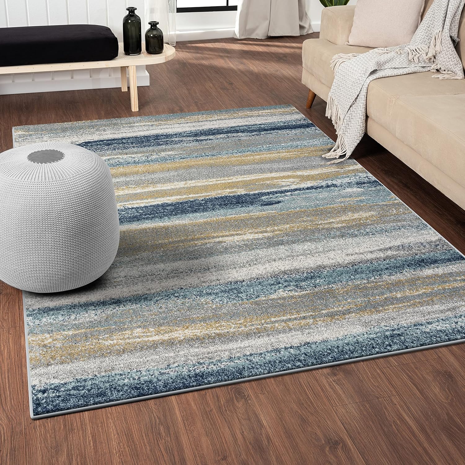 LUXE WEAVERS Alfombra moderna resistente a las manchas, color amarillo y azul, tamaño 9 x 12