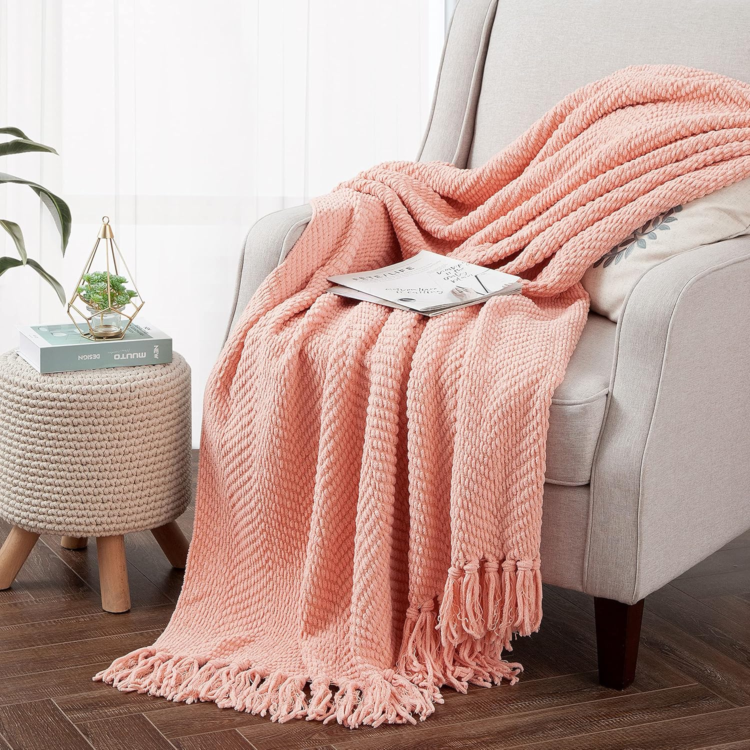 Manta para sofá, funda de sofá suave de punto texturizado, manta de tweed rosa con borlas de flecos para decoración del hogar, cama, sofá, silla, 60