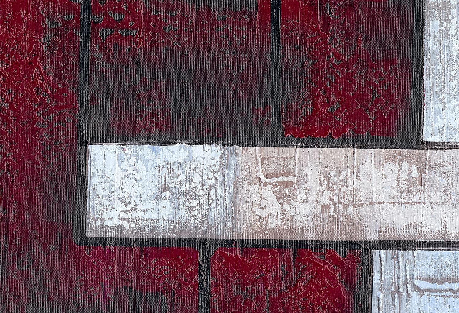 Cuadrados abstractos en lienzo pintado a mano, pintura al óleo de color rojo oscuro, decoración de imagen pesada texturizada para sala de estar,