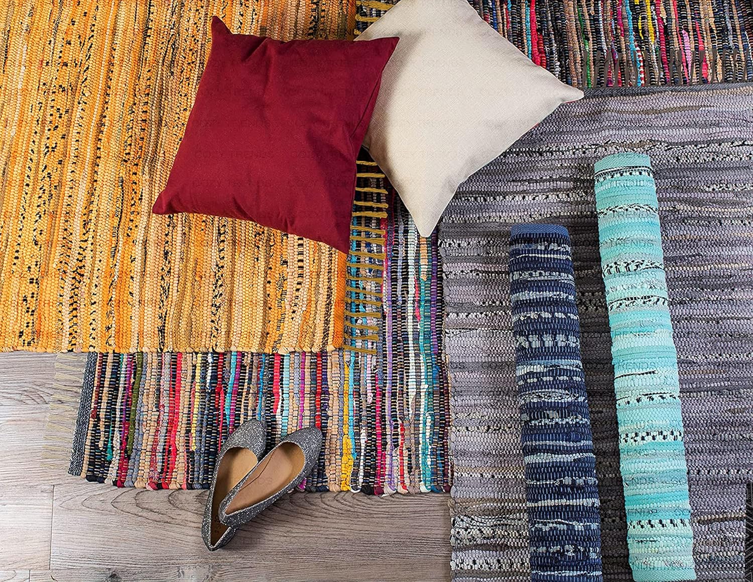 Alfombra de trapo de algodón de 24 x 36 pulgadas, 2 x 3 pies, alfombra Chindi multicolor, tejida a mano, lavable y reversible para sala de estar,