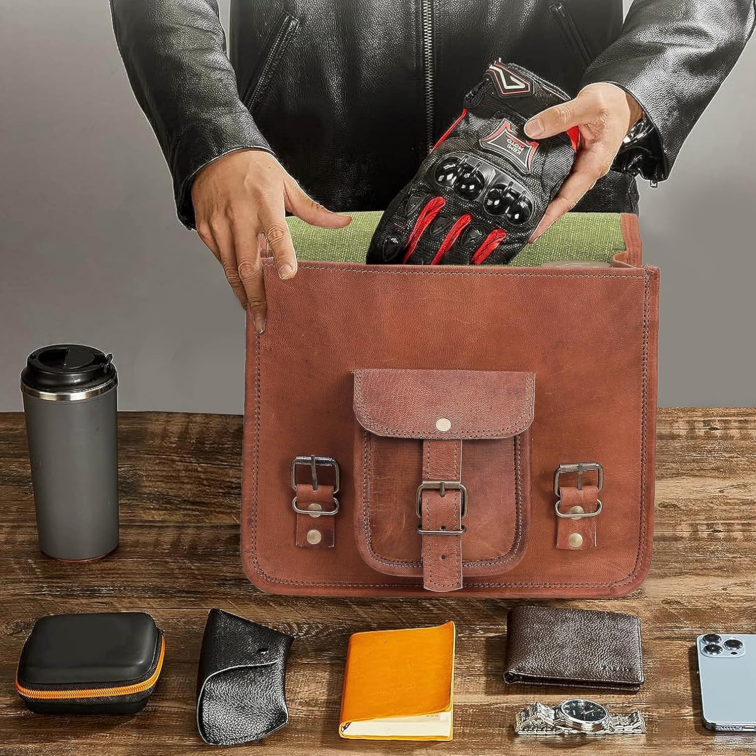 C CUERO Alforjas de cuero para motocicleta, bolsas de equipaje para motocicleta, bolsa lateral de viaje de cuero (juego de 2)