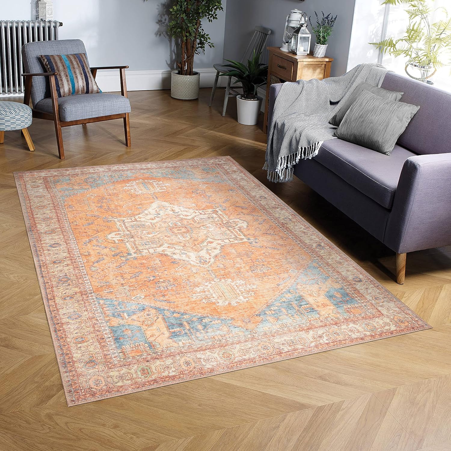 GLN Rugs Alfombra lavable a máquina, estilo vintage, persa, bohemio, estética, envejecida, parte trasera antideslizante, decoración del hogar para