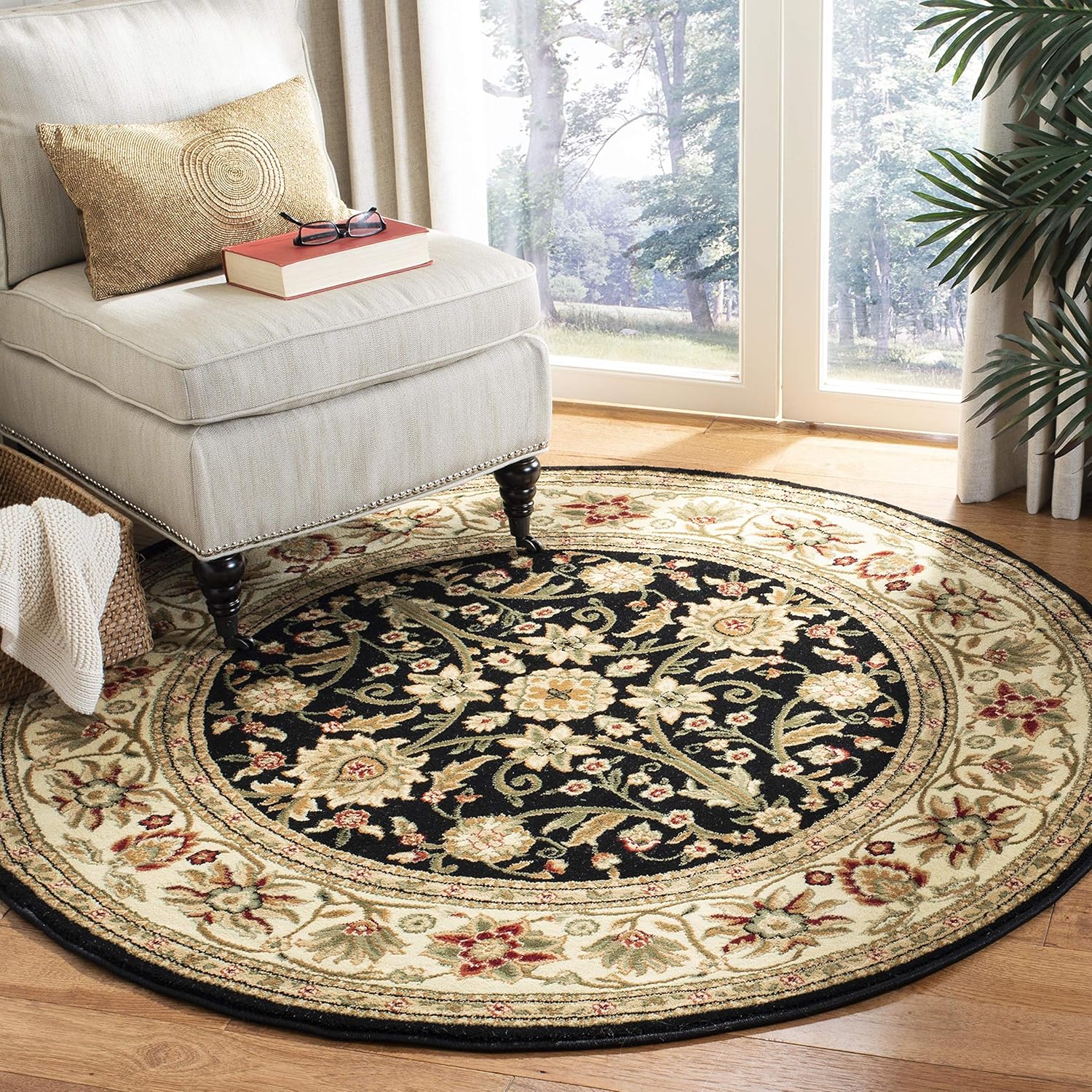 SAFAVIEH Lyndhurst Collection – Alfombra redonda de 10 pies, color negro y marfil, diseño oriental tradicional, no desprende pelusa y de fácil