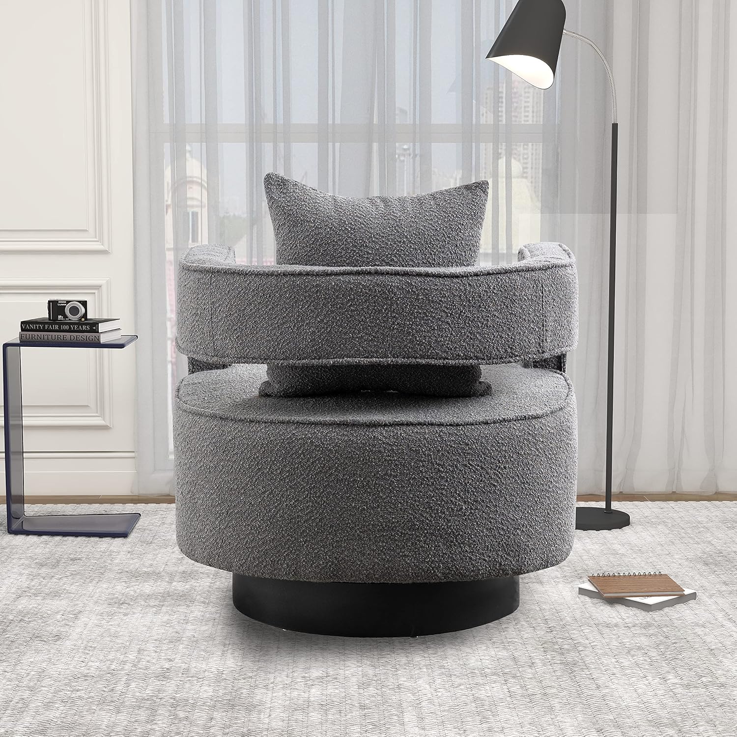 HomSof Silla giratoria de 29.0 pulgadas de ancho con respaldo abierto, moderna y cómoda, para club, ocio, sillón para descanso, gris y negro, 4