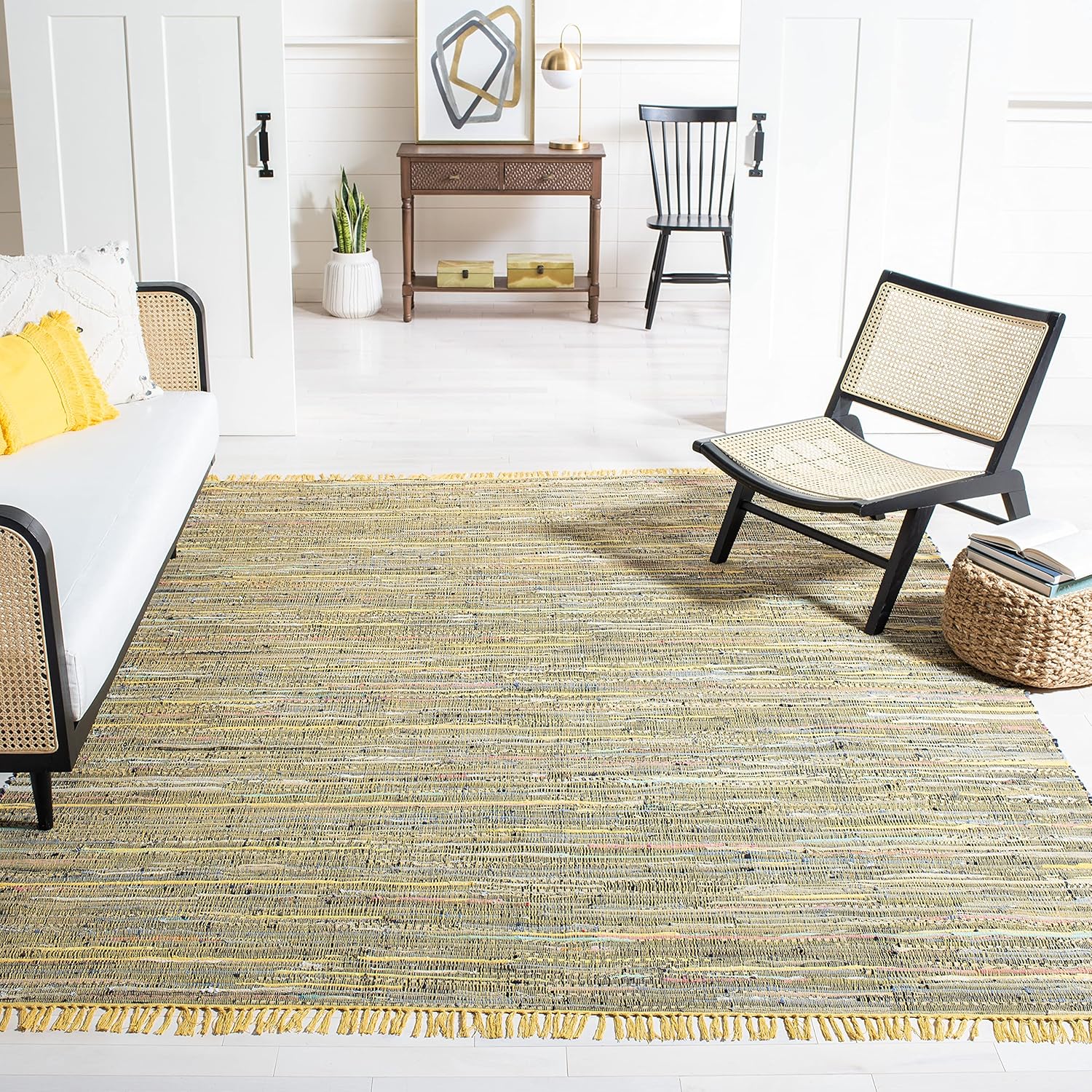 Safavieh Rag Collection RAR127B – Alfombra de algodón tejida a mano, color azul y multicolor, Algodón, AmarilloMulti