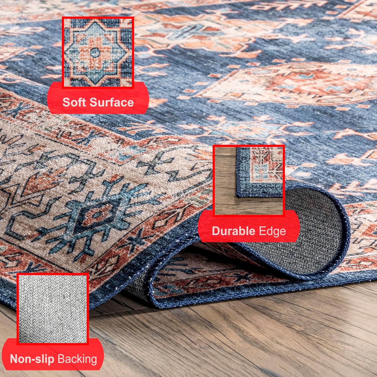 nuLOOM Finley – Alfombra de área ultra fina, lavable a máquina, estilo vintage, envejecida, 8 x 10 pies, azul marino