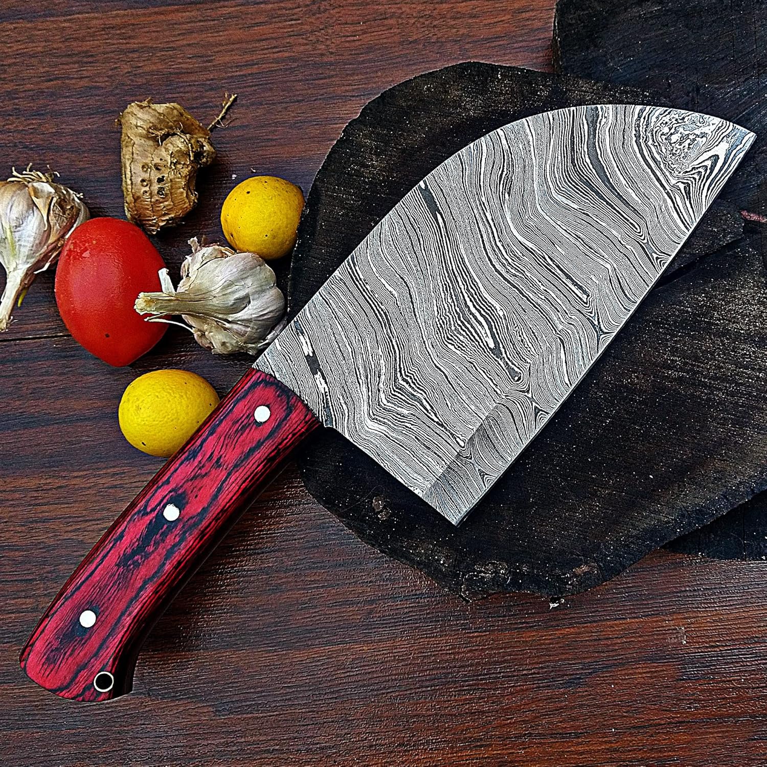 ColdLand – Cuchillo de carnicero de damasco, cuchillo de carnicero forjado a mano, cuchillo de cortar verduras con funda de cuero para cocina,