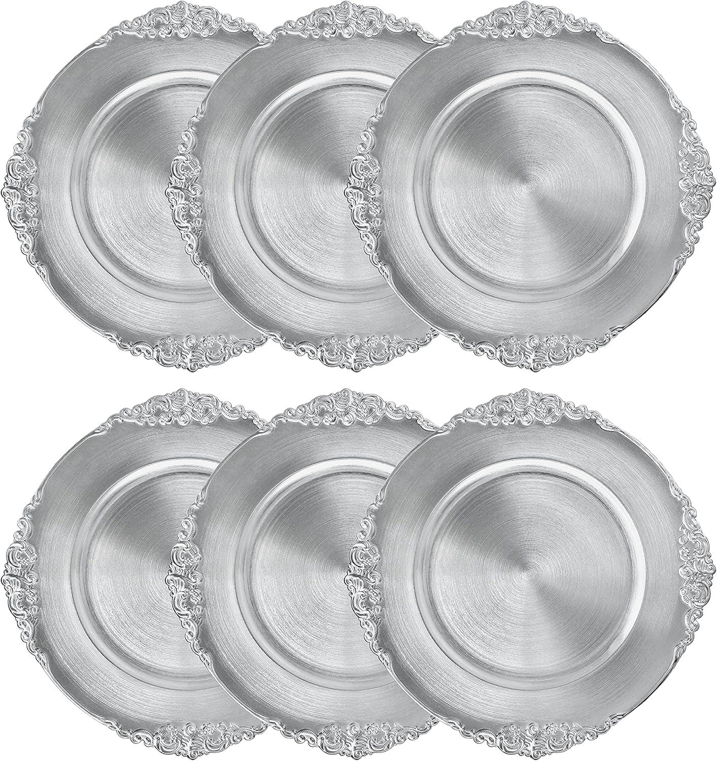 Henilosson Platos de carga plateados – Cargadores de platos antiguos para platos llanos – Juego de 6 cargadores de cena (6, plateado)