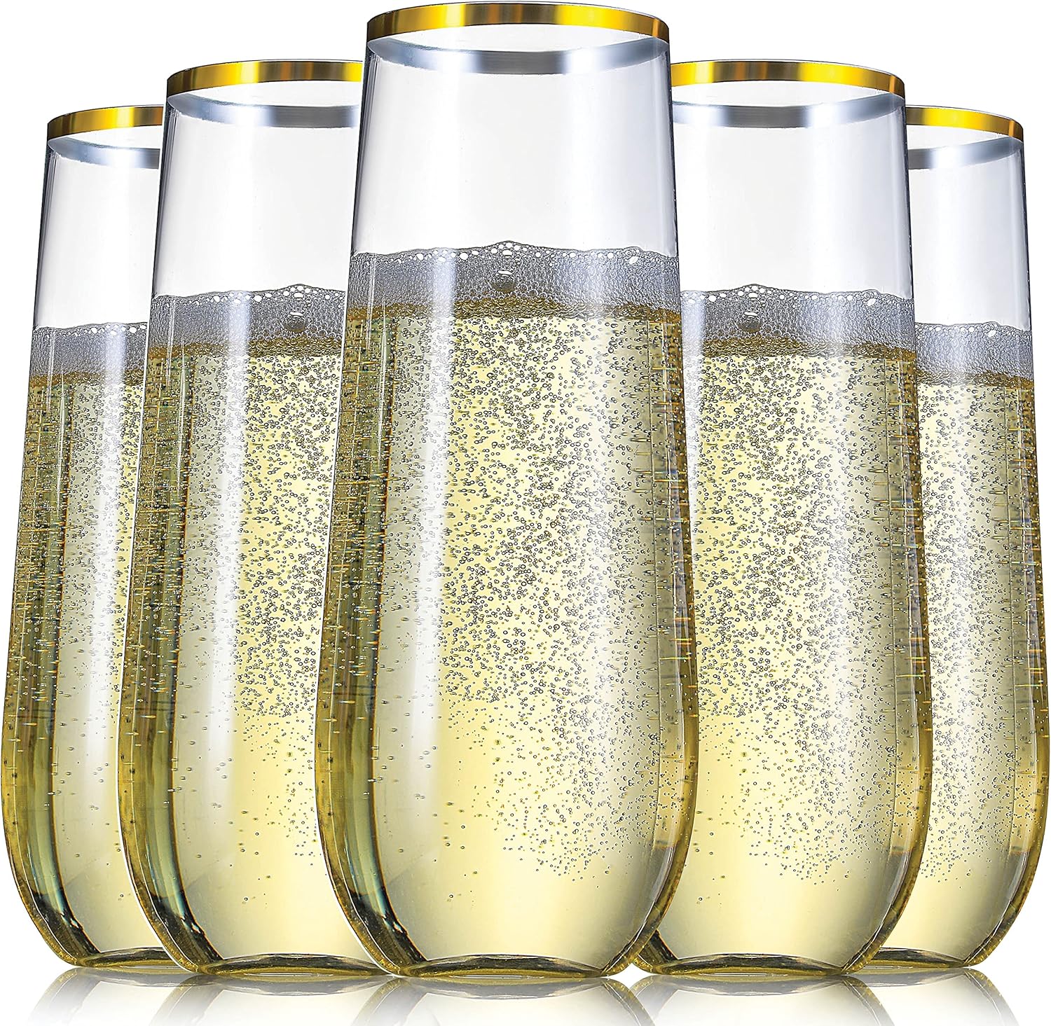 Paquete de 36 copas de champán de plástico sin tallo, vidrio transparente de 9 onzas con elegante borde dorado, vasos desechables para vino,