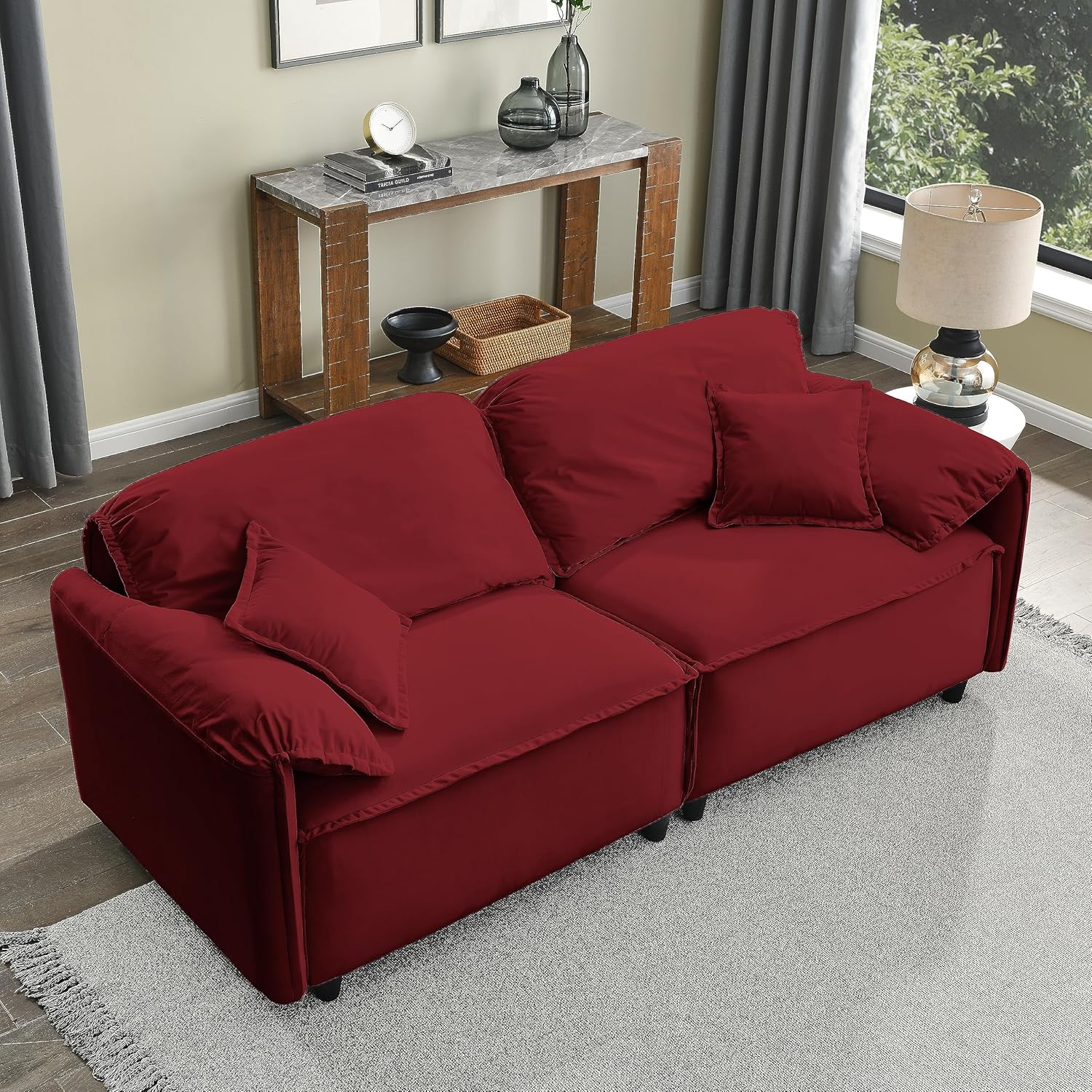 Sofá tapizado de lujo de estilo moderno, marco de sofá de madera de 2 plazas con 2 almohadas, sofás de 78 pulgadas para sala de estar, espacio