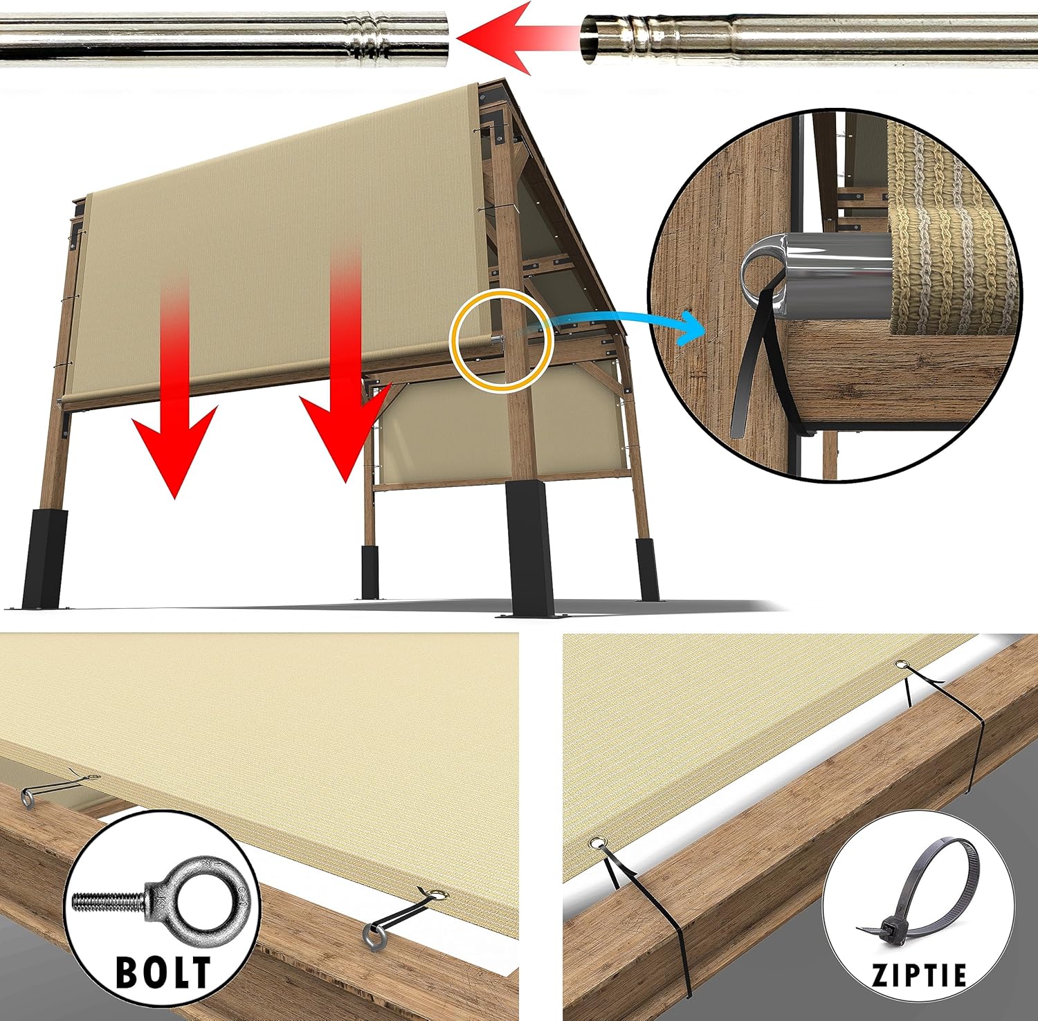 ShadeMart Cubierta de pérgola gris de 8 pies de ancho x 12 pies de largo, con varillas y ojales de acero inoxidable con peso de acero inoxidable,