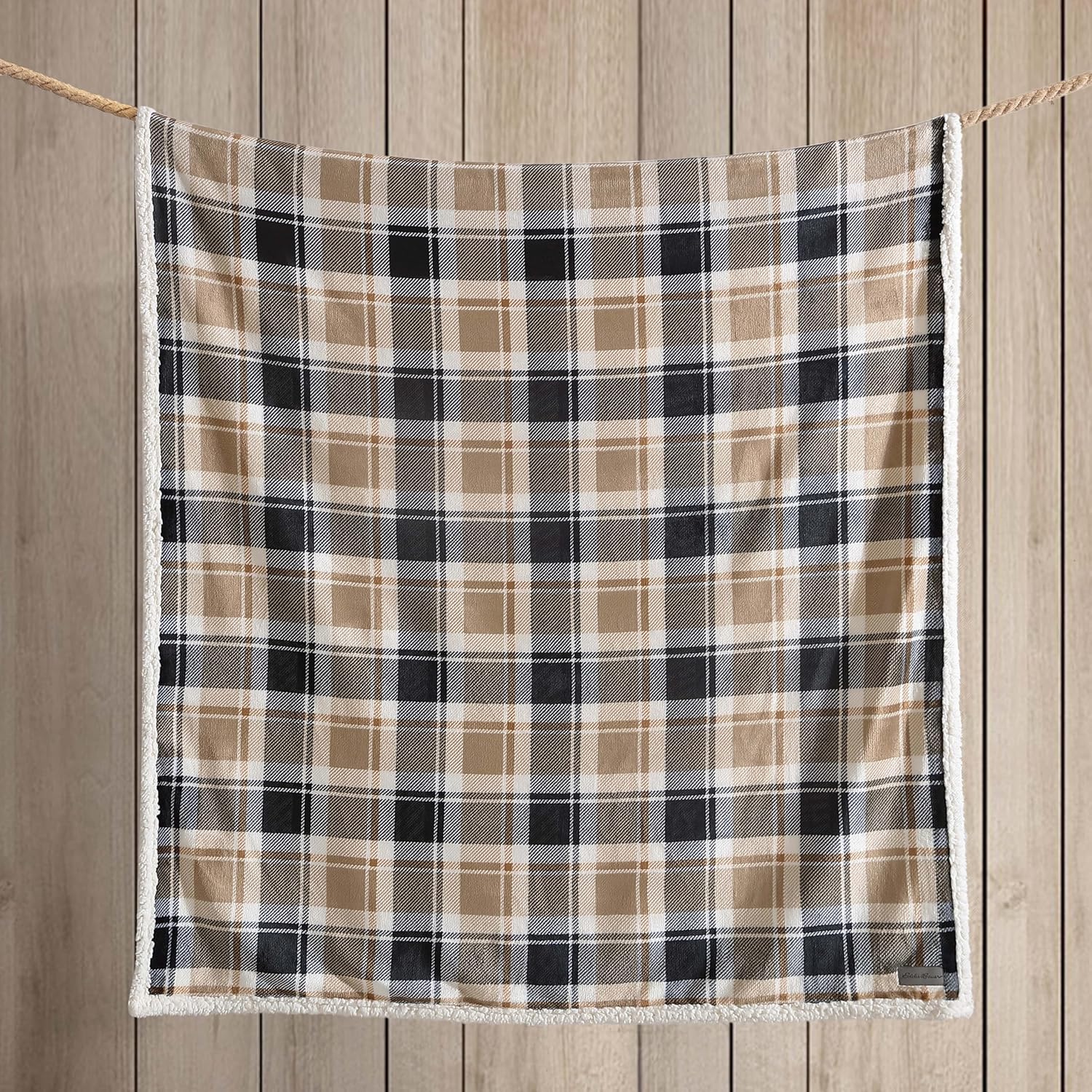 Eddie Bauer Manta reversible de vellón sherpa, ropa de cama y decoración del hogar, para todas las estaciones, (Rugged Plaid Beige), beige a cuadros