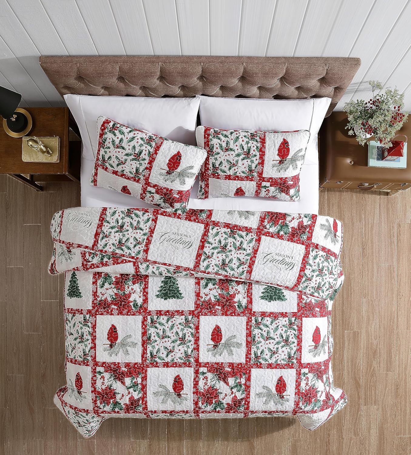 Beatrice Home Fashions Juego de ropa de cama ligera para cama individual, diseño de muérdago, acebo, flor de pascua, rojo, verde, blanco