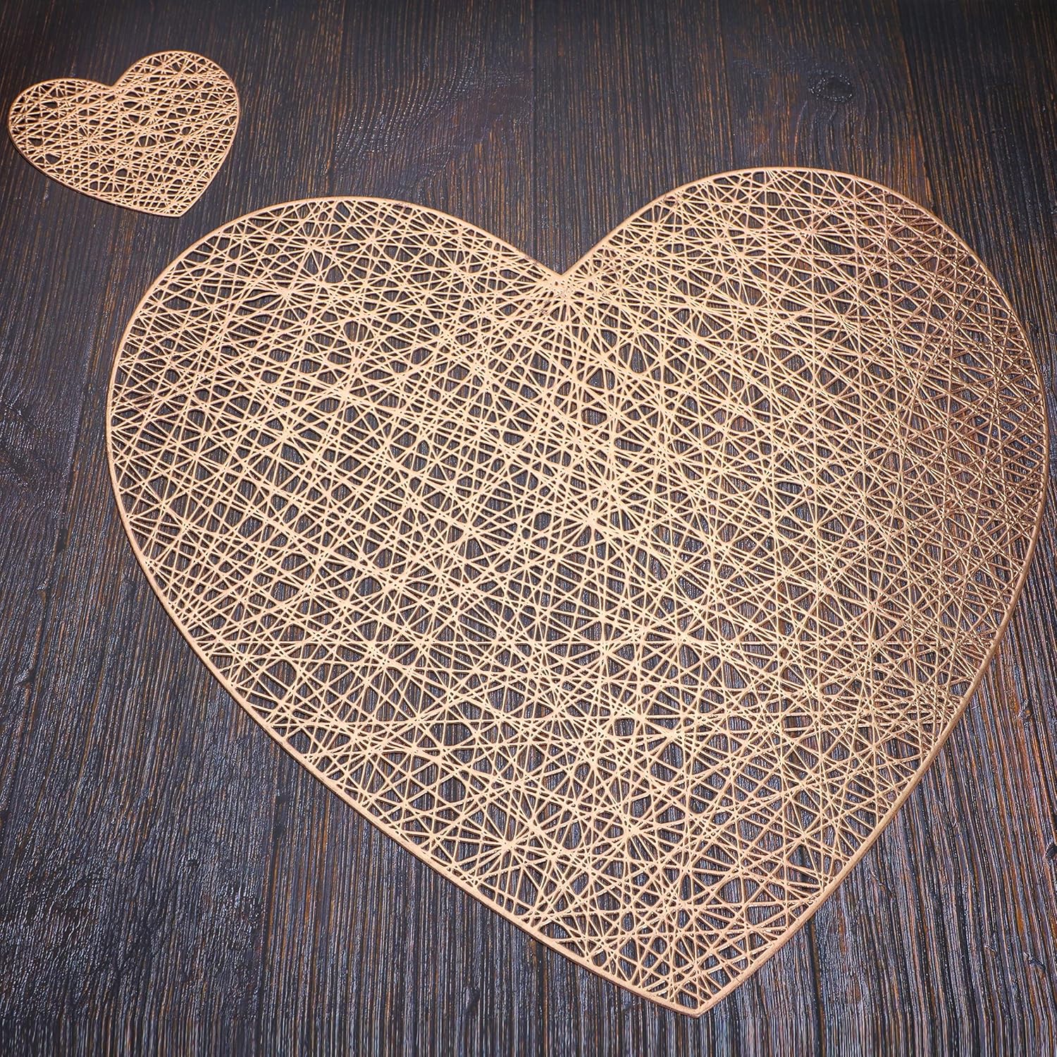 Juego de 6 manteles individuales de corazón y posavasos a juego, color oro rosa, decoración de mesa para el día de San Valentín, para boda, noche
