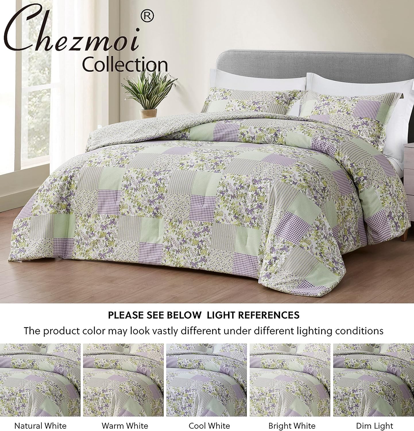 Chezmoi Collection Daisy – Juego de edredón de retazos estampado de 3 piezas, diseño a rayas de caramelo botánico de mariposa morada, a cuadros,