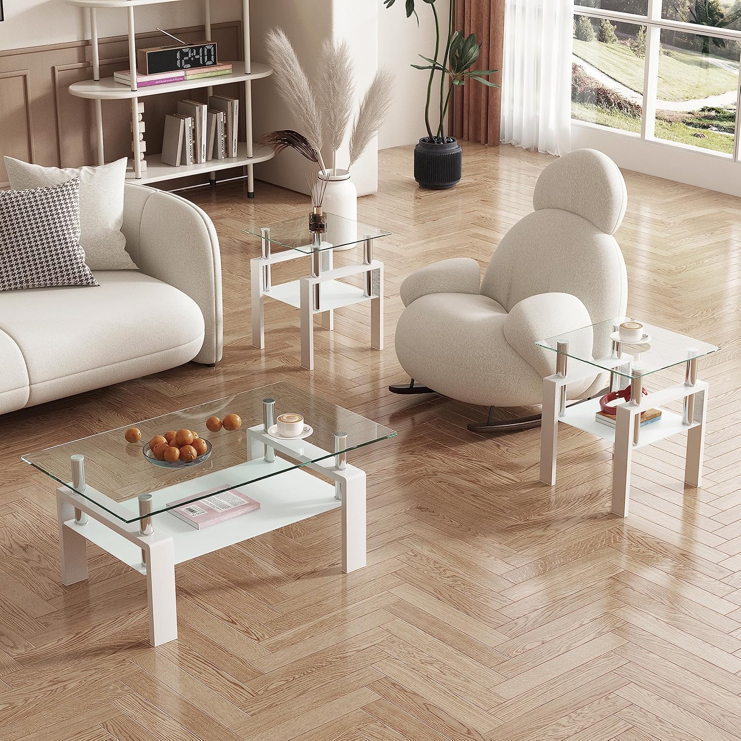 Mesa auxiliar de cristal para sala de estar, mesa de cóctel Mordern blanca de 2 capas para sofá con almacenamiento rectangular de vidrio templado,