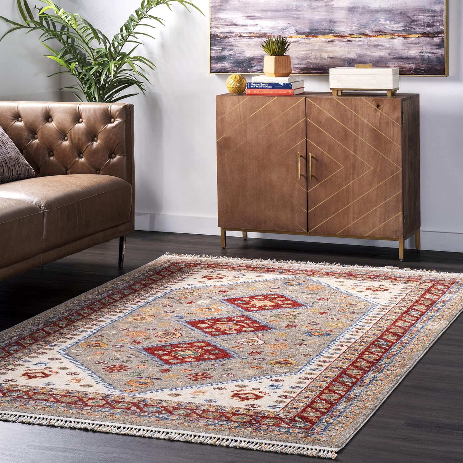 nuLOOM Romee Medallion – Alfombra rectangular con borlas, 5 x 8 pies, color beige