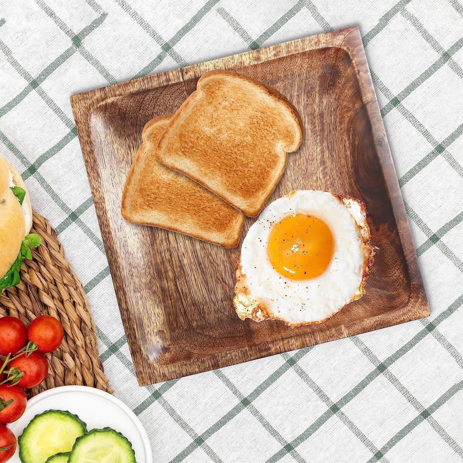 Platos de madera, platos llanos juego de 2, platos cuadrados para servir, platos de queso de madera de mango, bandeja para servir té y café, platos
